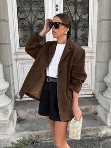 女士复古春季外套，翻领口袋，长袖单排扣棕色西装外套，女士西装大衣，旧式富贵风格外套 - 棕色 - 查看 2