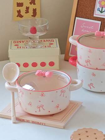 4 件蝴蝶结陶瓷拉面碗带盖，优质双耳拉面碗带盖，大容量，粉色少女陶瓷碗，适合家庭、派对、办公室、户外露营、礼物