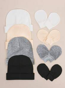 4pcs/Set Newborn Baby Solid Color Beanie Hat + Anti-Scratch Mittens Set, Suitable For Daily Wear - Nhiều màu - Xem 2