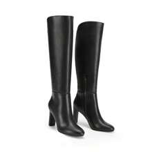 Women's Knee-High Boots, Comfortable Chunky Block Heel Pointed Toe Pull On Side Zipper Suede Slouch Riding Boots - Black/PU - View 6