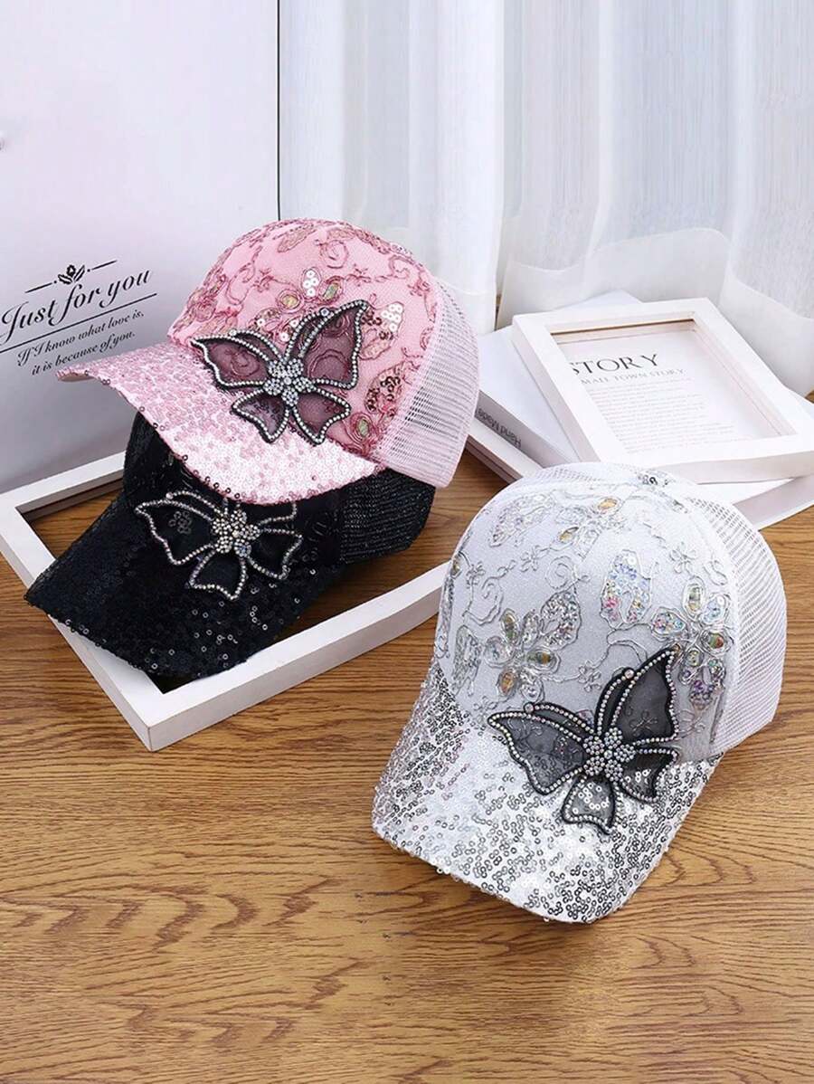 1pc Fashionable Rhinestone Butterfly Embellished Breathable Mesh Casual Baseball Cap For Women, Sparkling Summer Sun Protection Hat - Multicolor - View 1