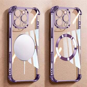1 pièce Étui de protection pour femmes/hommes compatible avec le chargement sans fil magnétique, anti-chute, avec bords renforcés, trous anti-poussière, compatible avec Apple 17 Pro/17 Pro Max/17 Air/17/16 Pro/16 Pro Max/16 Plus/16/15 Pro/15 Pro Max/15 Plus/15/14 Pro/14 Pro Max/14 Plus/14/13 Pro/13 Pro Max/13/12 Pro/12 Pro Max/12/11 Pro Max/11/11 Pro et Galaxy S24 Ultra/S24 Plus/S24/S23 Ultra/S23 Plus/S23, et Redmi. Étui en TPU magnétique électrolytique violet, transparent, à bords souples minimalistes et de luxe.