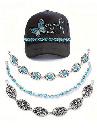 3/1 Pc Western Country Turquoise Retro Chain Hat Chains Bill Decoration For Women Man Metal Detachable Chains Bulk Trucket Hat Charms For DIY Mesh Baseball Cap(No Hat)