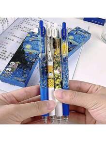 4pcs Van Gogh Starry Sky Pattern Gel Pens, Retractable, Quick Drying Ink, Student Exam, Office, Signature Black Pens - Black - View 3