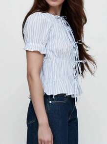 Women's Casual Comfort Blue & White Striped Pattern Round Neck Ruched Front Tie-Up Slit Hem Shirt Summer - Blue and White - View 4