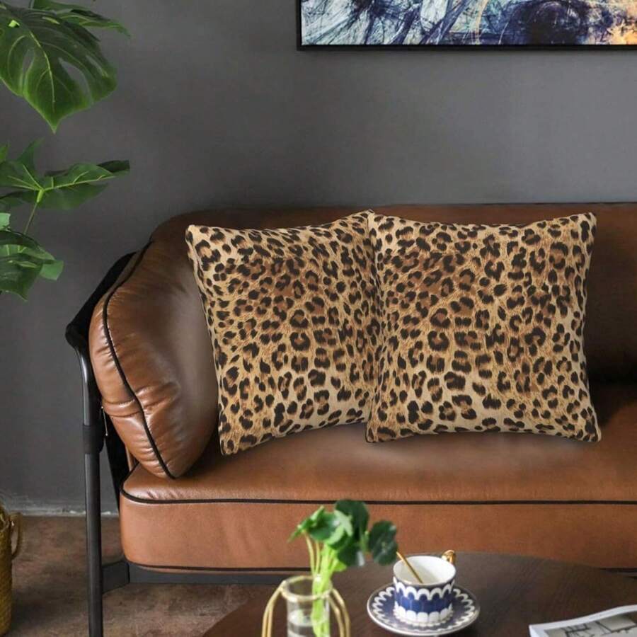 Bộ 2 vỏ gối trang trí họa tiết da báo, thích hợp cho gối sofa, gối vuông trang trí hiện đại cho phòng khách, phòng ngủ, nệm, sử dụng ngoài trời, thiết kế hai mặt, không bao gồm ruột gối. - Cà phê nâu - Xem 1
