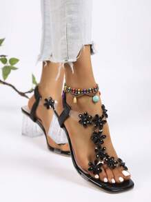 New Year's Rhinestone Sandals For Girls, Stylish Chunky Mid-Heel And Crystal Clear Heel, High Heel Dance Shoes, Suitable For Teenagers And Children, School Style, High Heel Dance Shoes
