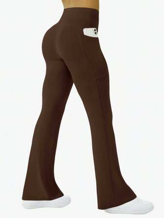 1 st Kvinnor Plus Size Flare Yogabyxor, bantning Fashionabla träningspass Hög midja monterade Leggings med fickor