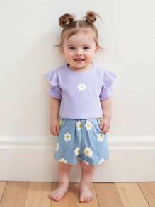 Conjunto de 2 piezas para bebé niña: top de manga corta con volantes y estampado floral + shorts. Ropa para bebé. - Morado - Ver 5