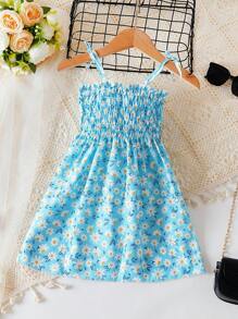 年轻女孩连衣裙小雏菊海滩度假花卉公主吊带连衣裙 - 藍色 - 查看 2