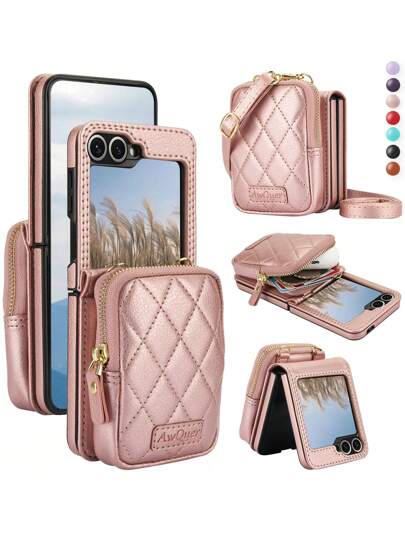 AWQUER حافظة جلد صناعي متوافقة مع Galaxy Z Flip 6 5 4 3 مع فتحات بطاقات وحماية RFID محفظة حافظة هاتف، متوافقة مع Galaxy ZFlip6 ZFlip5 ZFlip4 ZFlip3 حقيبة هاتف متقاطعة