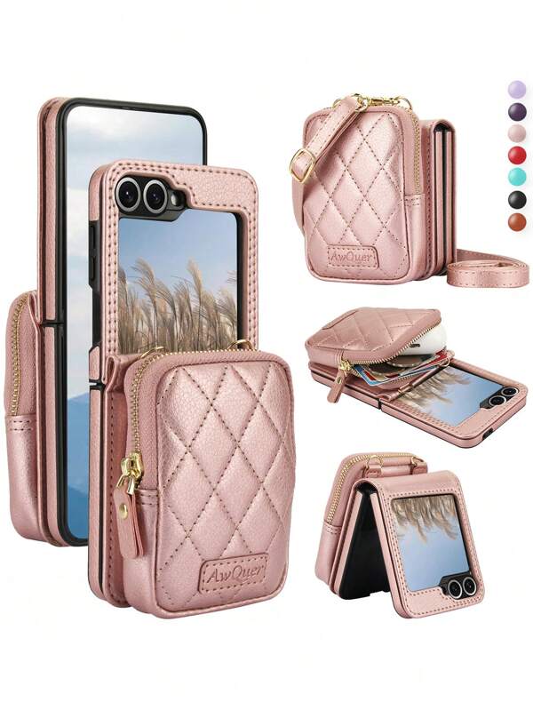 AWQUER PU Faux Leather Case Compatible With Galaxy Z Flip 6 5 4 3 Card Slots RFID Blocking Wallet Phone Case , Compatible With Galaxy ZFlip6 ZFlip5 ZFlip4 ZFlip3 Crossbody Mobile Phone Bag