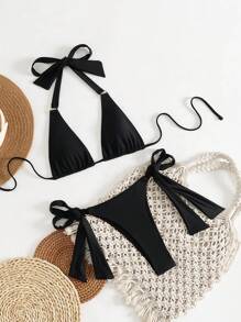 Women's Solid Color Metal Ring Tie-Up Bikini Set - Black - View 4