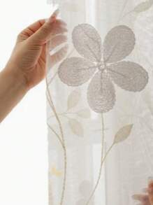1 pieza Cortina translúcida con bordado floral, color crema estilo romántico francés, adecuada para sala de estar y dormitorio