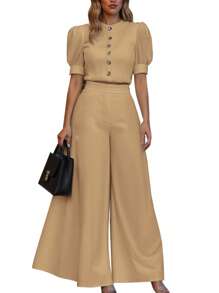 ZANZEA Women Buttons Puff Short Sleeve Tops Shirt Blouse Wide-Leg Solid Palazzo Trousers Long Pants Summer Office Work Casual 2pcs Sets Outfits - 卡其色 - 查看 2