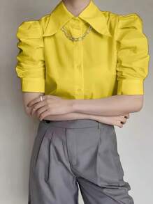 Dames effen kleur voorkant knoop korte mouw eenvoudige casual geplooide blouse