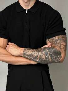 Men's Summer Half-Zip Short Sleeve Polo Shirt, Business Casual Knit Top With Collar, Stretch Fashionable