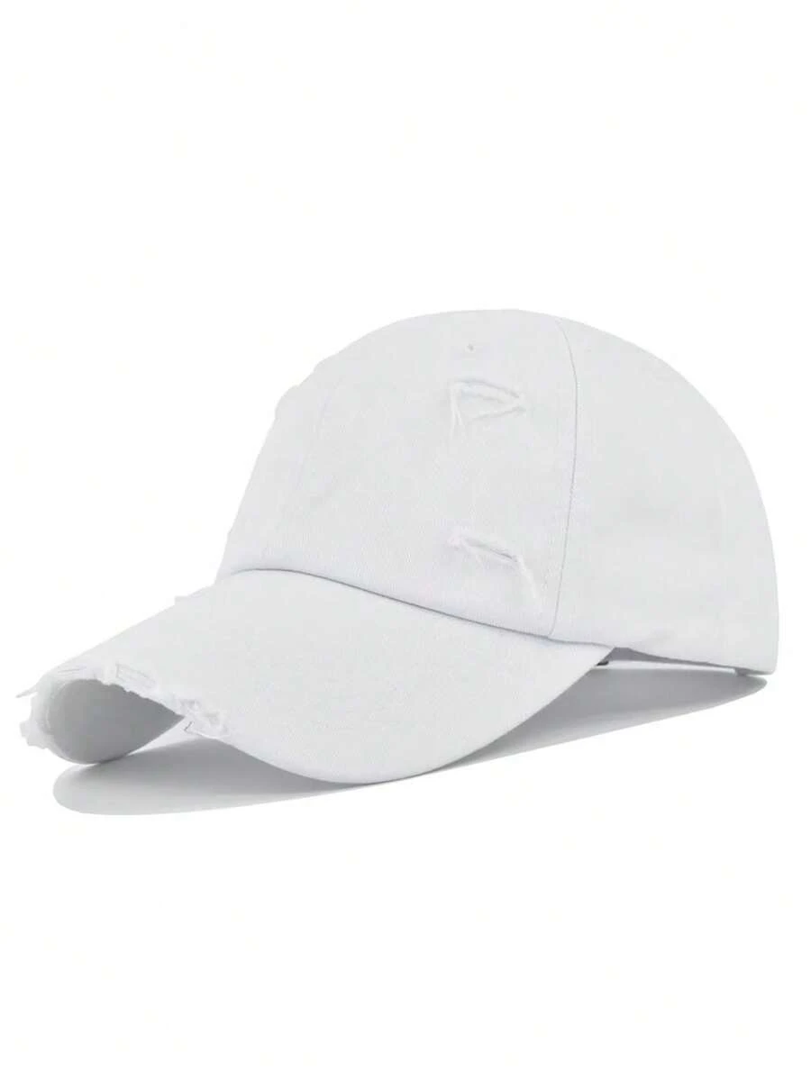 1pc Unisex Fashionable Distressed Frayed Brim Soft Top Baseball Cap, Suitable For Daily Wear - White - View 1