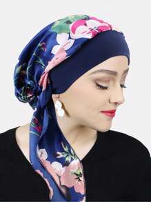 1pc Women's Satin Printed Headscarf Hat, Elastic Wide-Brim Sleep Cap, Head Wrap, Pirate Hat, Suitable For Daily Use - Multicolor - View 4