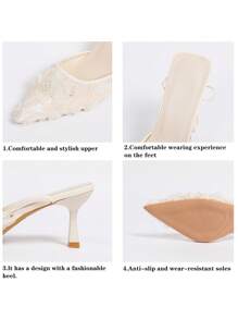 White 7cm High Heel Closed Toe Flower Decor Lace-Up Sandals, Pointed Toe Chunky Heels Goddess Style Dress Shoes For Women - White - View 9