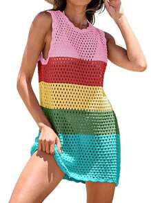 Womens Swimsuit Cover Up Sleeveless Knit 2025 Summer Outfits Swimwear Bathing Suit Coverup Crochet Backless Hollow-Out  Beach Dress - 彩色 - 查看 1