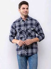 Men's Long Sleeve Plaid Flannel Shirt - 藏蓝色 - 查看 5