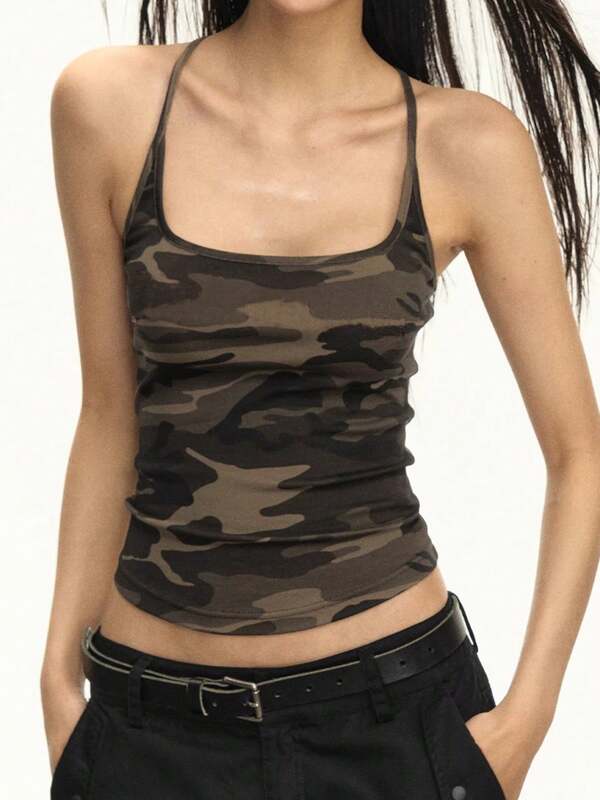 Nuevo diseño de verano europeo y americano con estampado de camuflaje, camiseta de tirantes ligera y transpirable para mujer, ajuste ceñido