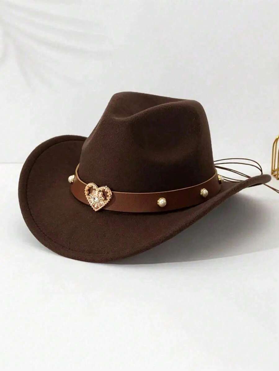 1pc Women's Western Cowboy Hat, Men's Hat, Western Hat, Detachable Heart Decor, Suitable For Mother's Day And Valentine's Day, Sun Protection, Best Easter Gift - Multicolor - View 1