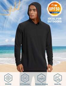 KEFITEVD Men's Hooded UPF 50+ Sun Protection T Shirts Long Sleeve Athletic Fishing Shirts Rash Guards - 黑色 - 查看 2