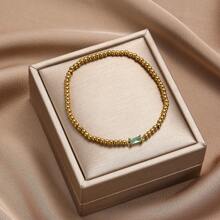 TUANZISP 1pc Women Birthstone Beaded Adjustable Bracelet, Luxury Gold Tone Stainless Steel Elastic Charm Bracelet, Elegant Birthday Gift For Her
