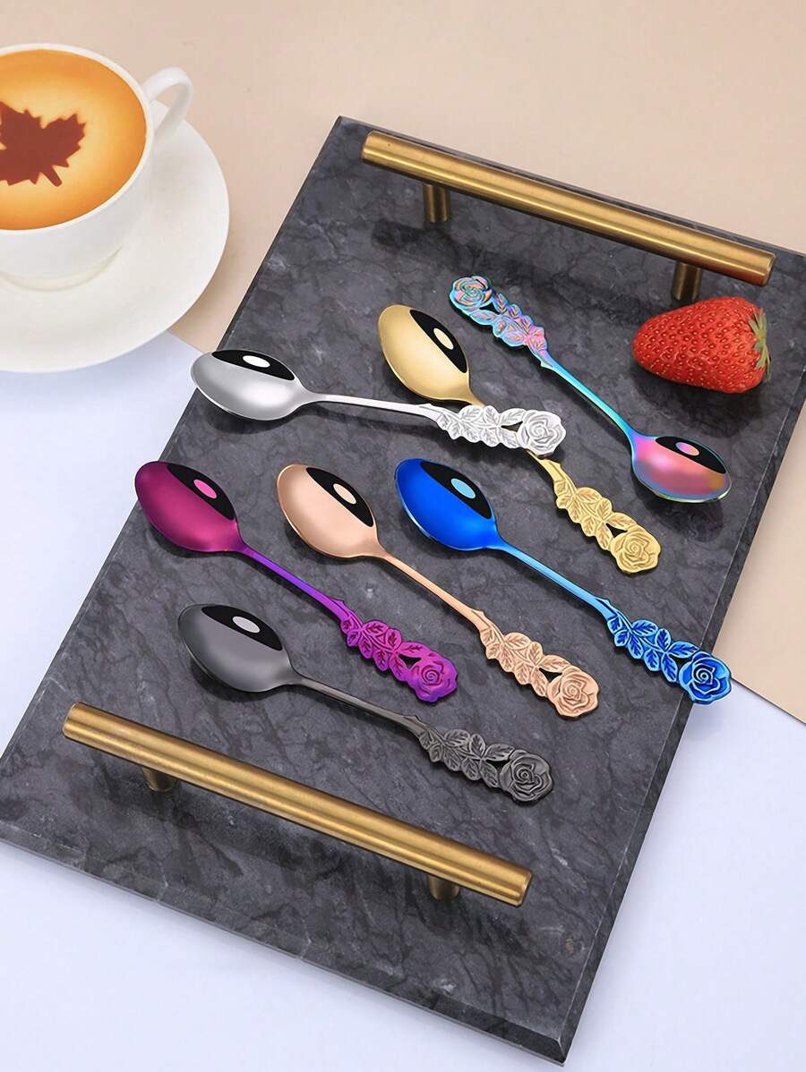 1 pieza Cucharilla de café con forma de rosa de acero inoxidable, artículos de uso diario y útiles escolares