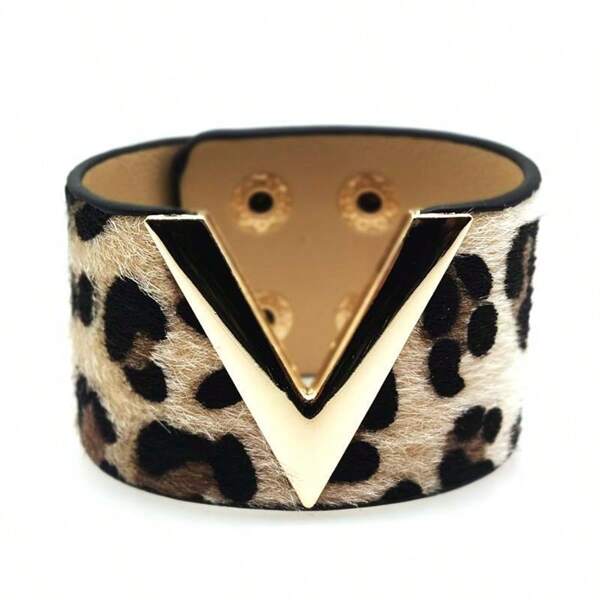 Black Wide V Shape PU Leather Bracelets Cuff Punk For Women Metal Wristbands Cosplay