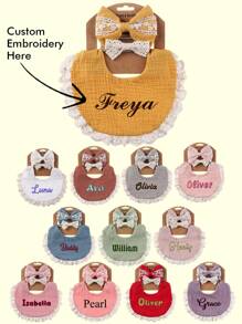 Personalized Baby Gift Set - Embroidered Letter Bibs & Lace Headbands | Newborn Gift Box | Fashionable, Cute, Practical, Spring New Arrival - Multicolor - View 1