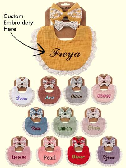 Personalized Baby Gift Set - Embroidered Letter Bibs & Lace Headbands | Newborn Gift Box | Fashionable, Cute, Practical, Spring New Arrival ,Travel Organizer