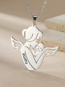 1 Stainless Steel Angel Mother And Child Name Date And Text Custom Necklace Birthday And Mother's Day Memorial Gift For New Mothers