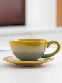 1pc 170ml Ceramic Coffee Cup & Saucer Set, Reactive Glaze Creative European Style Coffee Mug, Vintage Latte, Espresso, Breakfast Cup Back To School