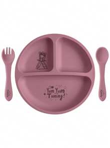 PopLittleOne 3件装婴儿硅胶餐具套装宝宝卡通图案餐具软勺叉吸盘喂食训练婴儿食物储存