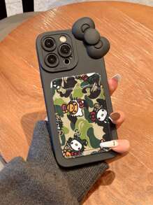 Sanrio Camouflage Hello Kitty Eye Design Black Card Holder & Phone Protective Case Fits Apple 16ProMax/11/12/13/14Plus/15Pro/XR/XS