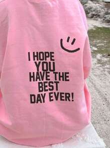 Personalised Smile Alphabet Slogan，Women's Sweatshirt Cotton Top Off Shoulder Comfortable Curve Super David Clothing Basic Round Neck Loose Casual Street College Style Spring Summer Long Sleeve