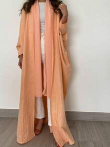 1 件女士纯色简约长款 Abaya，优雅适度休闲开衫，线条装饰拼接艺术感，高端亚麻面料柔软光泽丝滑适度适合日常穿着，长袍