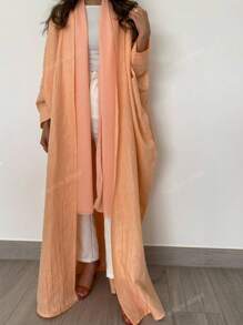 1 pieza Abaya larga de unicolor minimalista para mujer, cárdigan elegante y modesto casual con decoración de línea y empalme con toque artístico, de tela de lino de alta calidad con brillo sedoso y suave, apropiado para uso diario, kaftan.