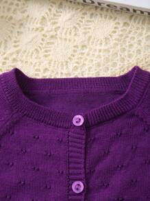 Baby Girls Lightweight Hollow Flower Pattern Button Long Sleeve Knit Cardigan - Purple - View 2