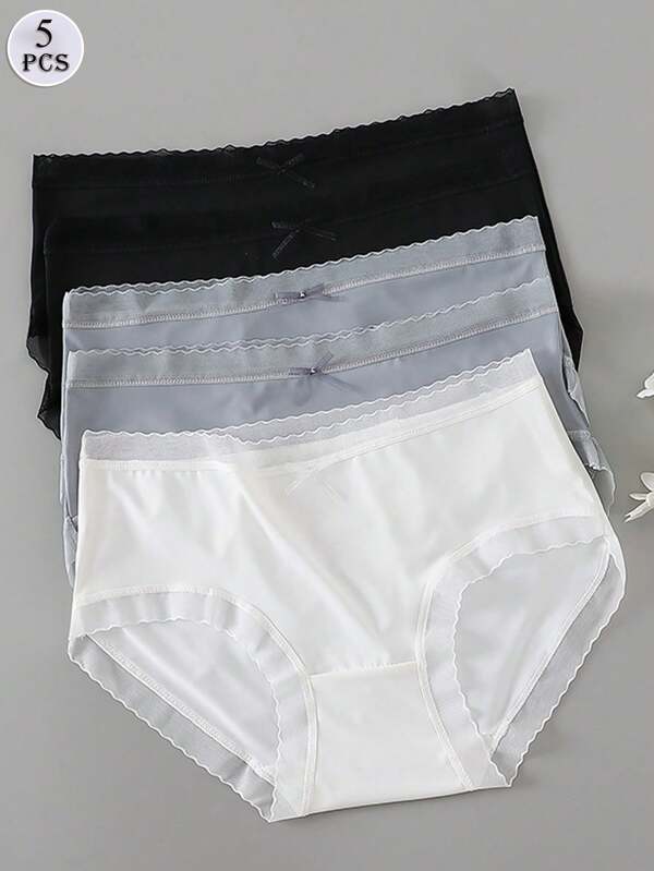 5pcs Women's Bowknot Decor Mid-Waist Ultra-Thin Ice Silk Panties