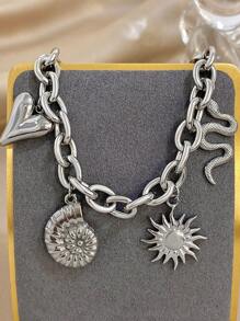 1Pc Stylish Sun Snake Seashell Heart Pendant Stainless Steel Bracelet For Women & Couples - Beach Essential, Summer Must-Have, Holiday Gift, Travel Jewelry - Gold & Silver Options - Multicolor - View 10