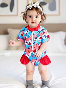 Baby Girl Rash Guard Swimsuits Short Sleeve Round Neck Ruffle Bathing Suit Toddler Swimwear - Multicolor - View 5