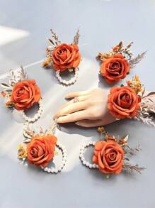1 cái/6 cái hoa cài cổ tay bằng polyester màu cam phong cách Boho hình hoa hồng, phụ kiện cưới mùa hè cho cô dâu và phù dâu, phụ kiện ngày Valentine. - Màu Cam cháy - Xem 8