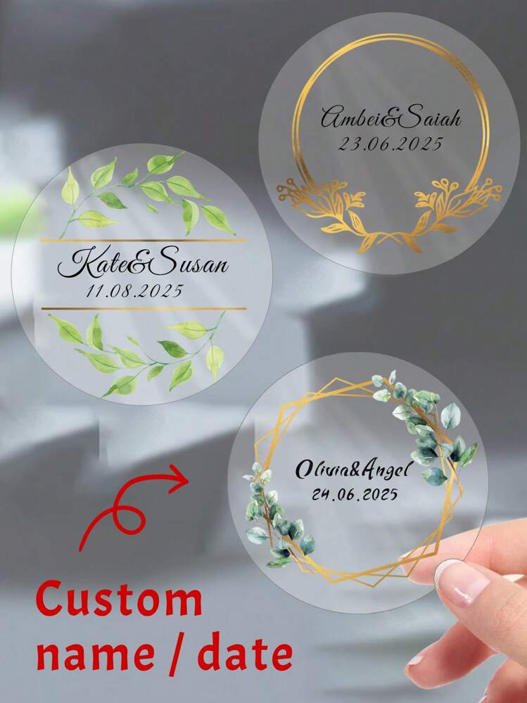 54-540 piezas Etiquetas de boda personalizadas transparentes, pegatinas de regalo de boda personalizadas con diseño de hojas verdes, pegatinas con nombre y fecha personalizados, pegatinas de círculo transparente de PVC resistente al agua personalizadas, ornamentales, elegantes, adorables, personalizadas, 4x4cm, pegatinas para botellas de agua, para cajas de almacenamiento, esposa, colega, familia, para regalos únicos para aniversario, Día de San Valentín, etiquetas de fiesta de boda, amor eterno - Estilo A - Añade 2