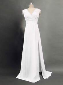 Vestido elegante sin mangas con cuello en V y volantes, vestidos de fiesta elegantes, blusas elegantes dama, vestidos de noche elegantes, vestido largo sexy sin espalda. - Blanco - Ver 7