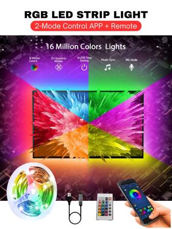 1pc LED Strip 1m-15m/3.3ft-50ft RGB Lighting USB 5V LED Light 2-Mode Method Control APP + Remote Led Strip Light, Music Sync, Color Changing Timing On/Off For TV Monitor Backlight Decor, Party Home Living Room Atmosphere Lighting Decoration