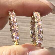 2 件粉红钻石耳环，粉色大环耳环，铜方晶锆石钻石耳钉，高端华丽耳环 - 圈圈 - 查看 1